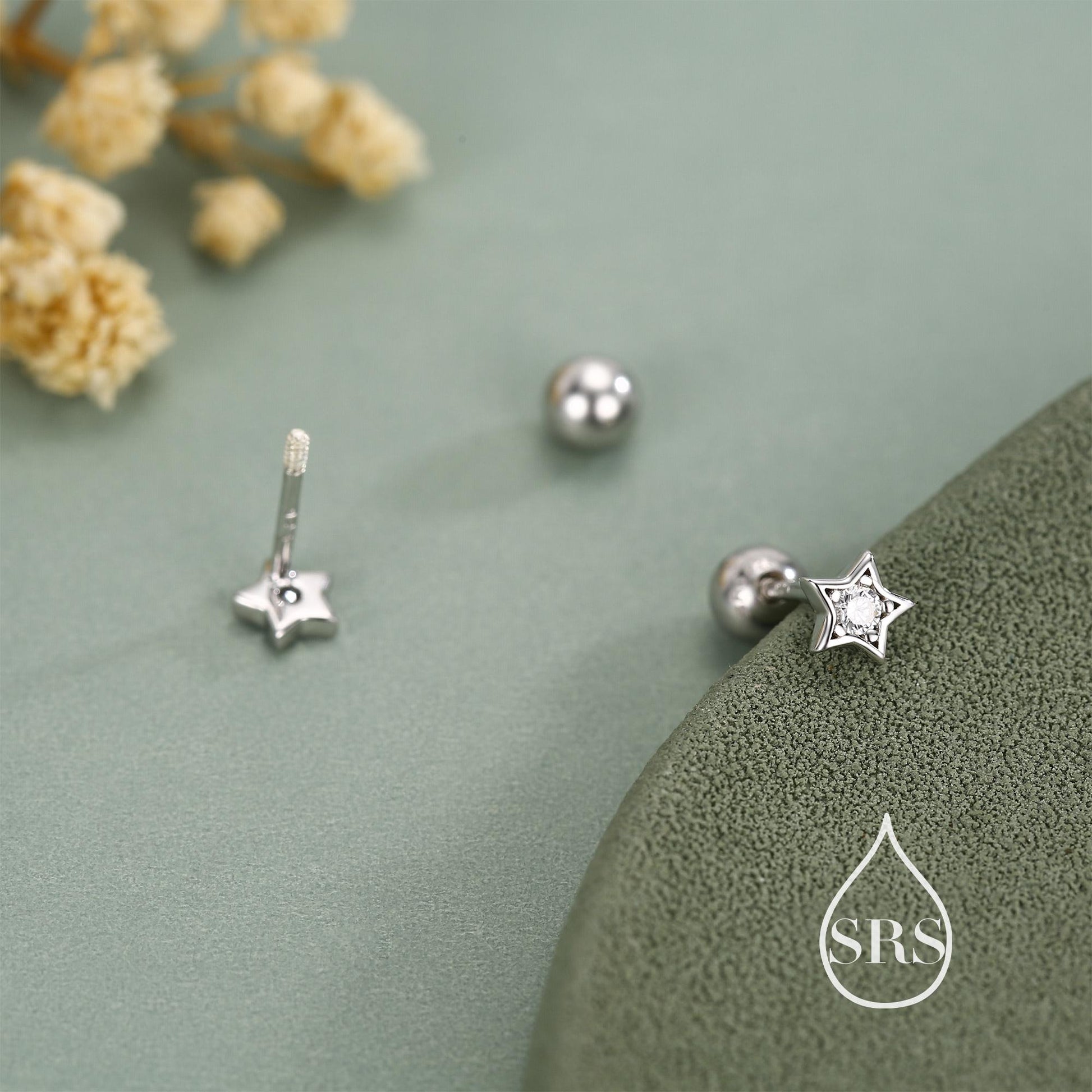 Sterling Silver CZ Star 18g Ball Back Screw Back Earrings