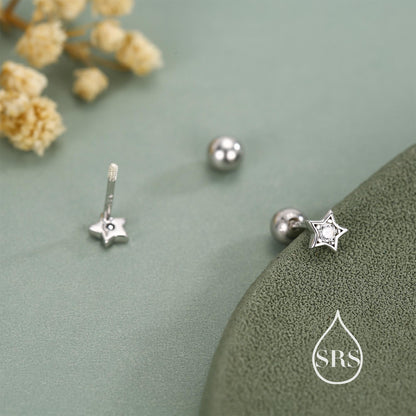 Sterling Silver CZ Star 18g Ball Back Screw Back Earrings