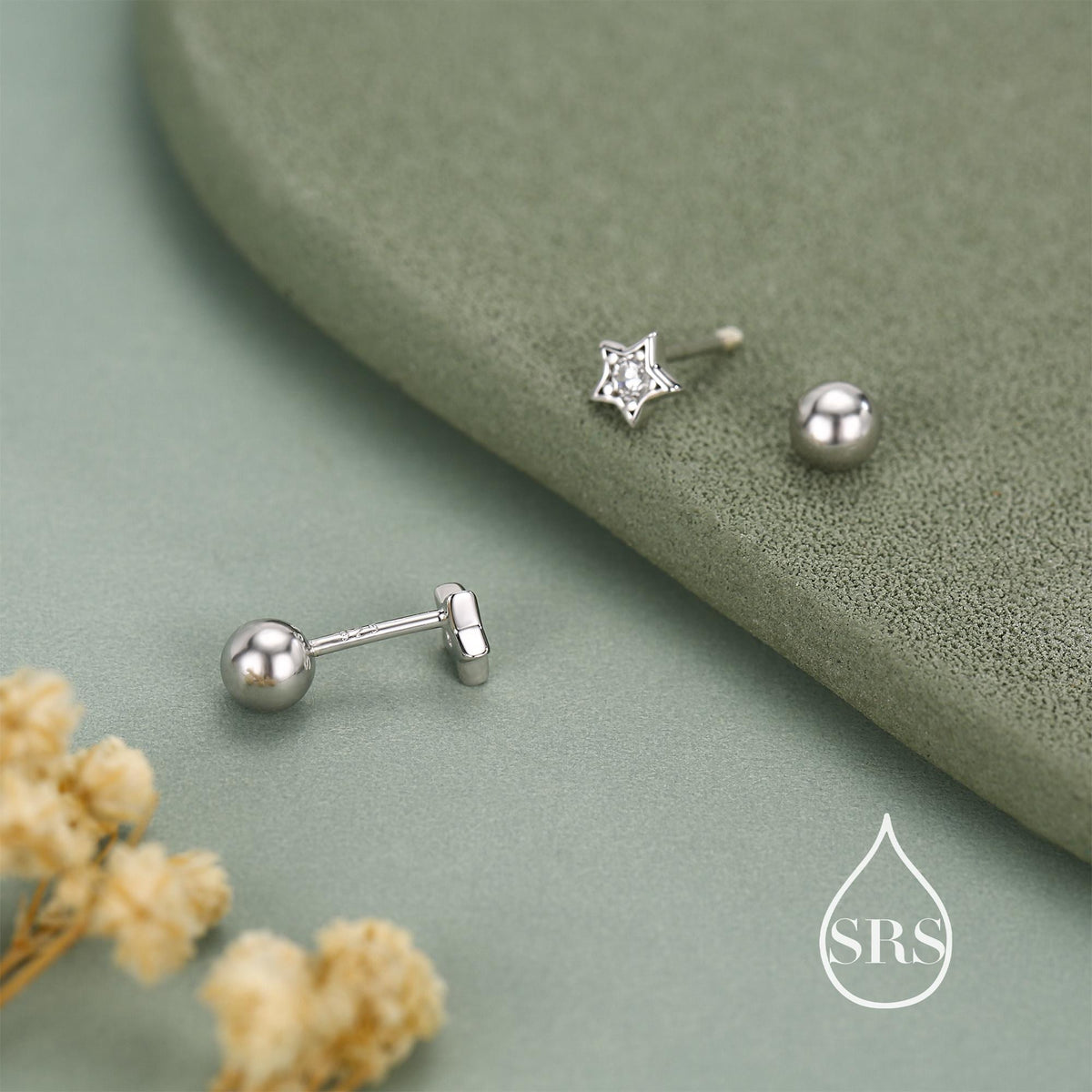 Sterling Silver CZ Star 18g Ball Back Screw Back Earrings