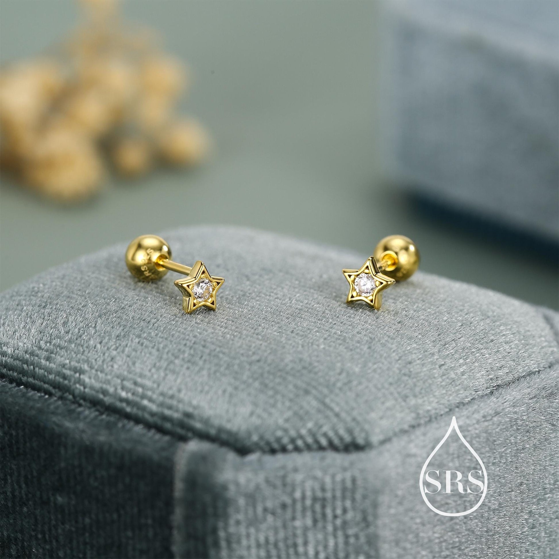 Sterling Silver CZ Star 18g Ball Back Screw Back Earrings