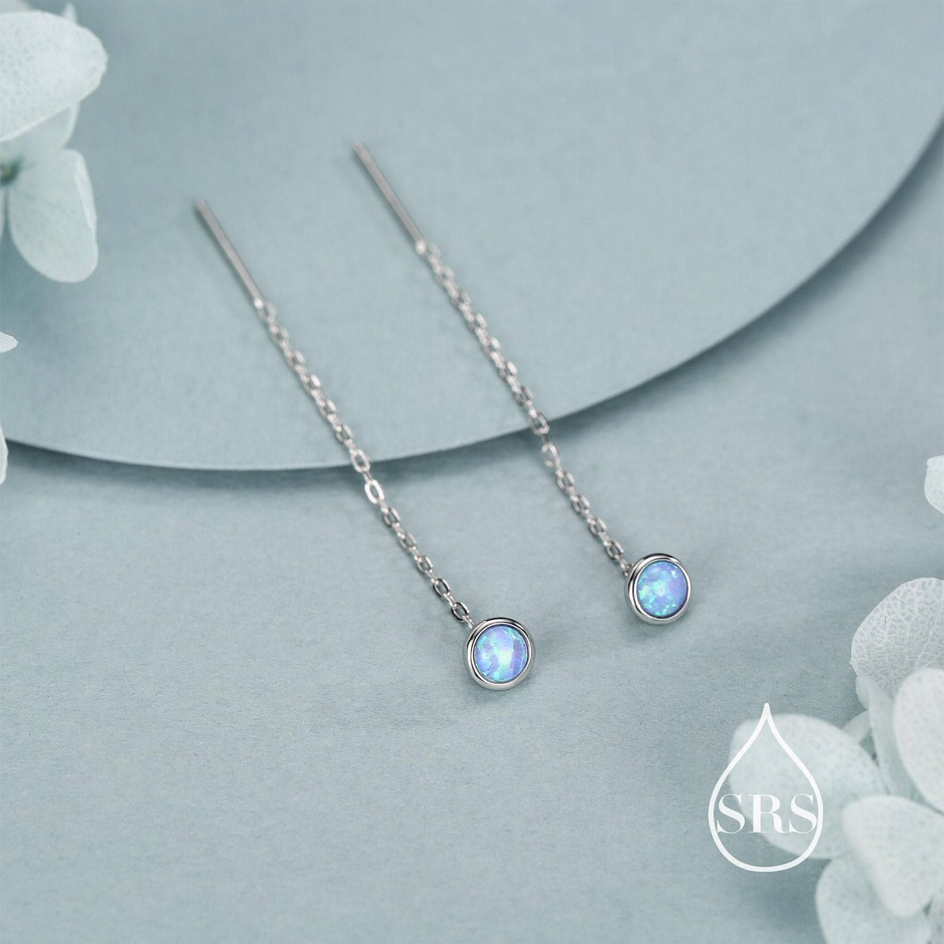 Blue Opal Dot Threader Earrings in Sterling Silver, Lab Opal Ear Threaders, Silver or Gold, Opal Threaders, Chain Earrings
