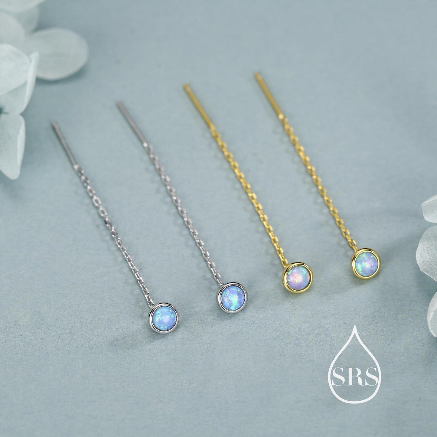Blue Opal Dot Threader Earrings in Sterling Silver, Lab Opal Ear Threaders, Silver or Gold, Opal Threaders, Chain Earrings