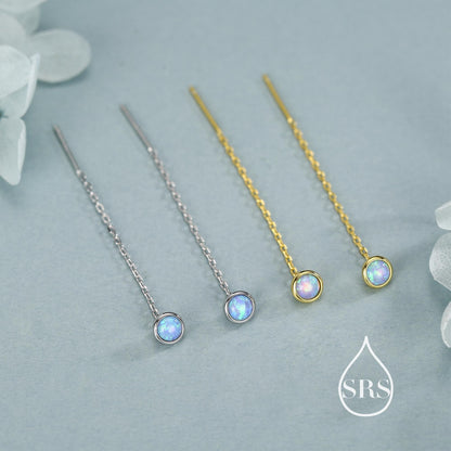 Blue Opal Dot Threader Earrings in Sterling Silver, Lab Opal Ear Threaders, Silver or Gold, Opal Threaders, Chain Earrings