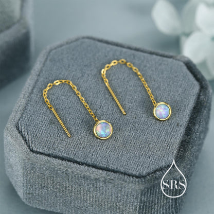 Blue Opal Dot Threader Earrings in Sterling Silver, Lab Opal Ear Threaders, Silver or Gold, Opal Threaders, Chain Earrings