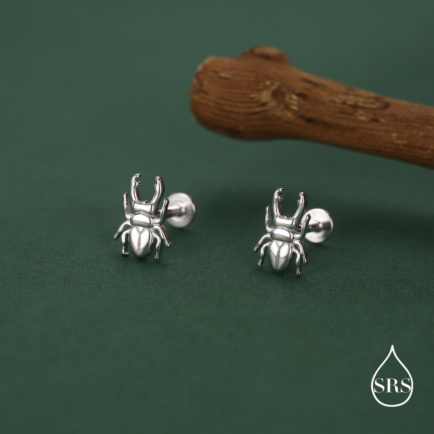 Sterling Silver Stag Beetle 16g Flat Back Stud Earrings