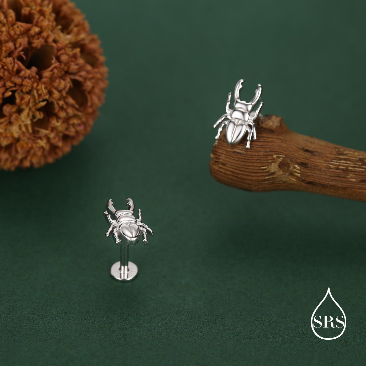 Sterling Silver Stag Beetle 16g Flat Back Stud Earrings