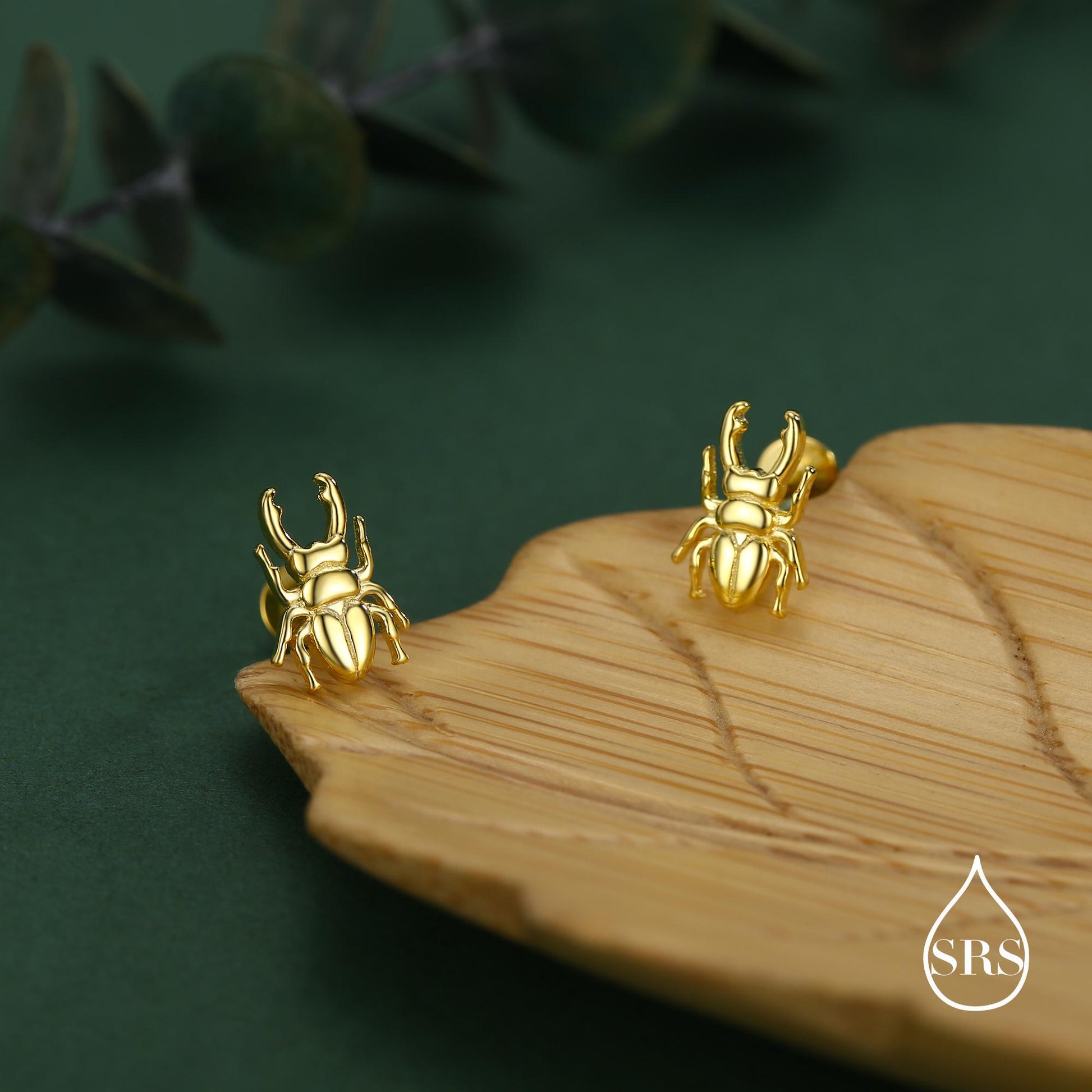 Sterling Silver Stag Beetle 16g Flat Back Stud Earrings