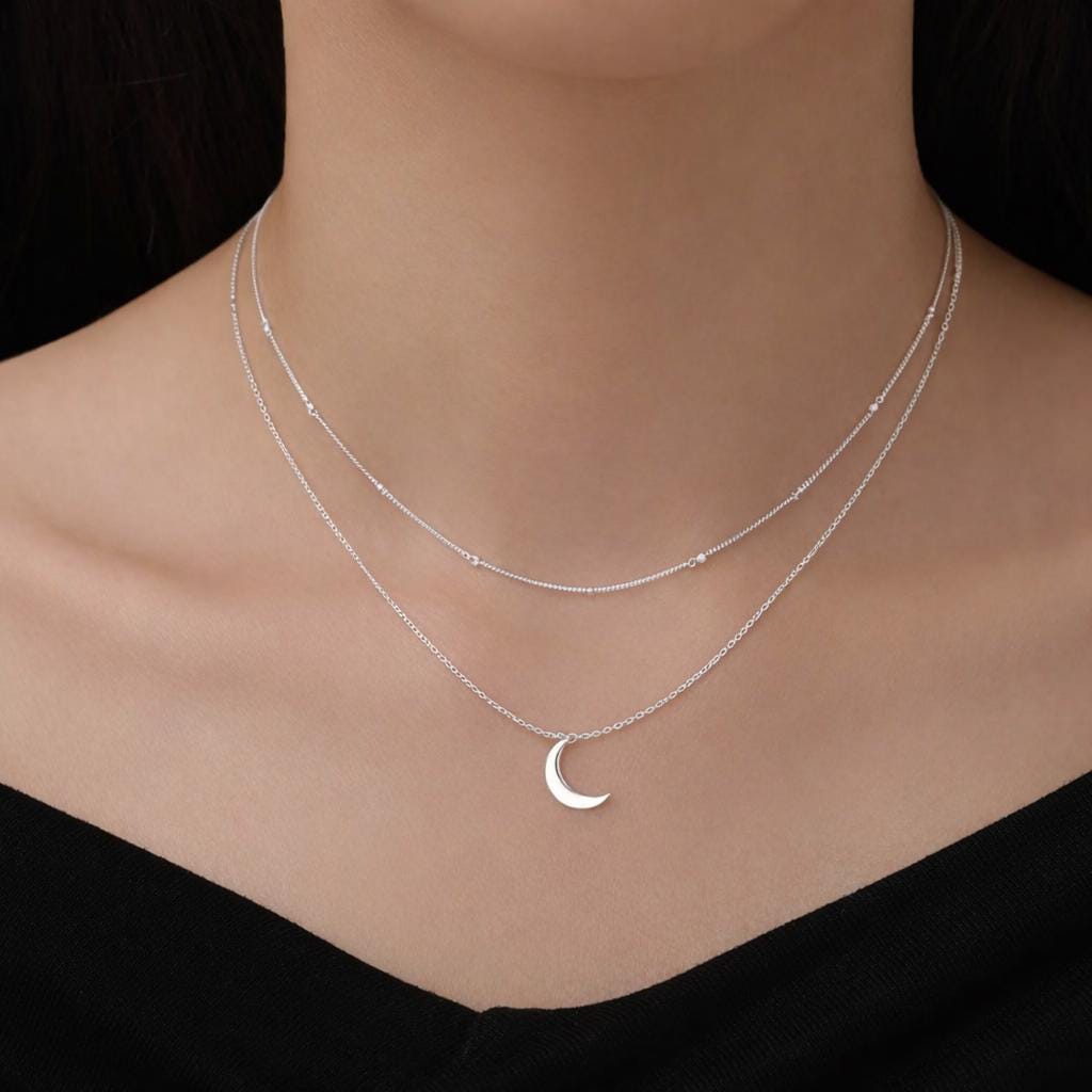 Double Layer Crescent Moon Pendant Necklace in Sterling Silver with a Satellite Chain - New Moon Necklace - Gold or Silver or Rose Gold