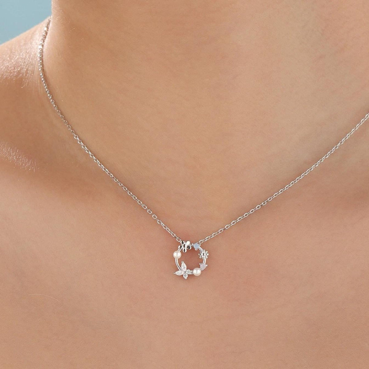 Forget Me Not Flower and Butterfly Wreath Necklace in Sterling Silver, Silver or Gold or Rose Gold, Tiny CZ and Flower Necklace