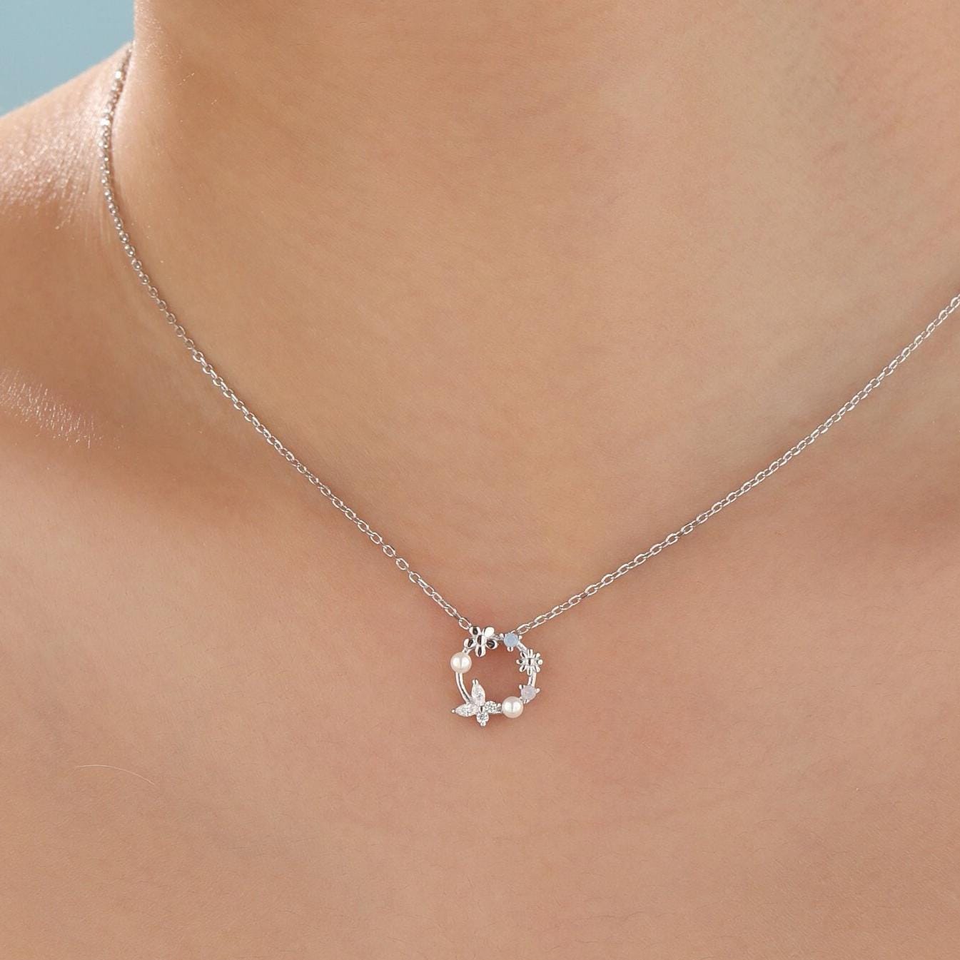 Forget Me Not Flower and Butterfly Wreath Necklace in Sterling Silver, Silver or Gold or Rose Gold, Tiny CZ and Flower Necklace