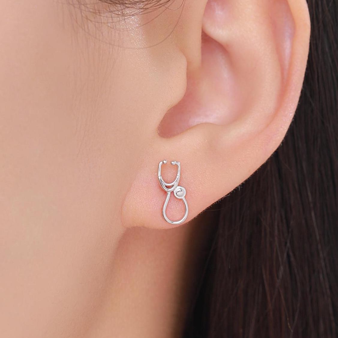 Tiny Stethcope Stud Earrings in Sterling Silver, Available in Silver, Gold or Rose Gold Finish, Perfect Gift For Nurses or Doctors