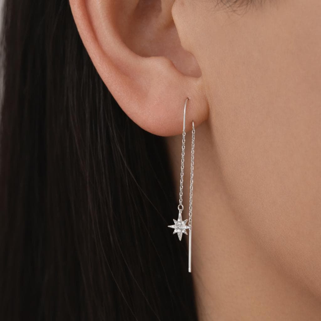 Starburst Threader Earrings in Sterling Silver, North Star U Shape Ear Threaders, Silver, Gold or Rose Gold, Star Threaders, Long Threaders