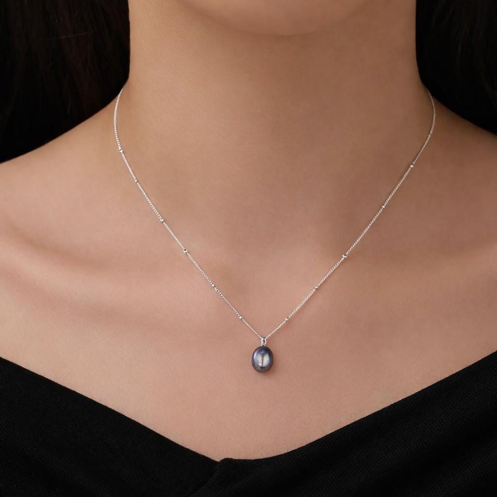 Natural Black Pearl Necklace in Sterling Silver with a Satellite Chain, Genuine Oval Freshwater Pearl Pendant Necklace in Sterling Silver