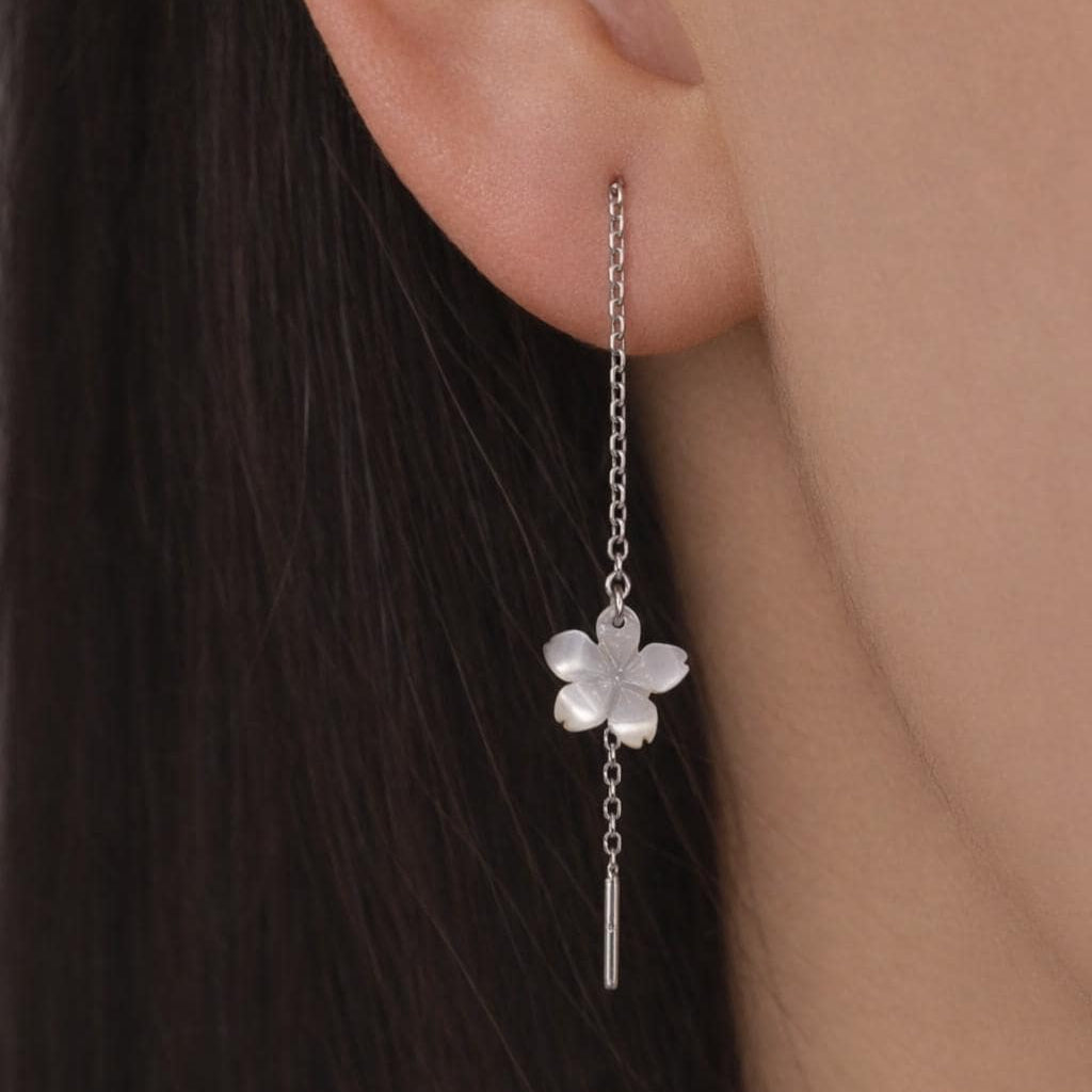Hand Carved Mother of Pearl Cherry Blossom Threader Earrings in Sterling Silver, Apple Blossom Flower Ear Threaders - Dainty and Pretty