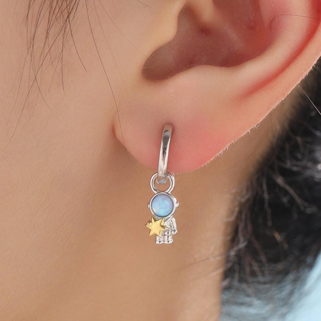 Mismatched Opal Astronaut and Planet Charmed Hoop Earrings in Sterling Silver - Cute Space Theme Huggie Hoop Earrings - Detachable Fun Hoops