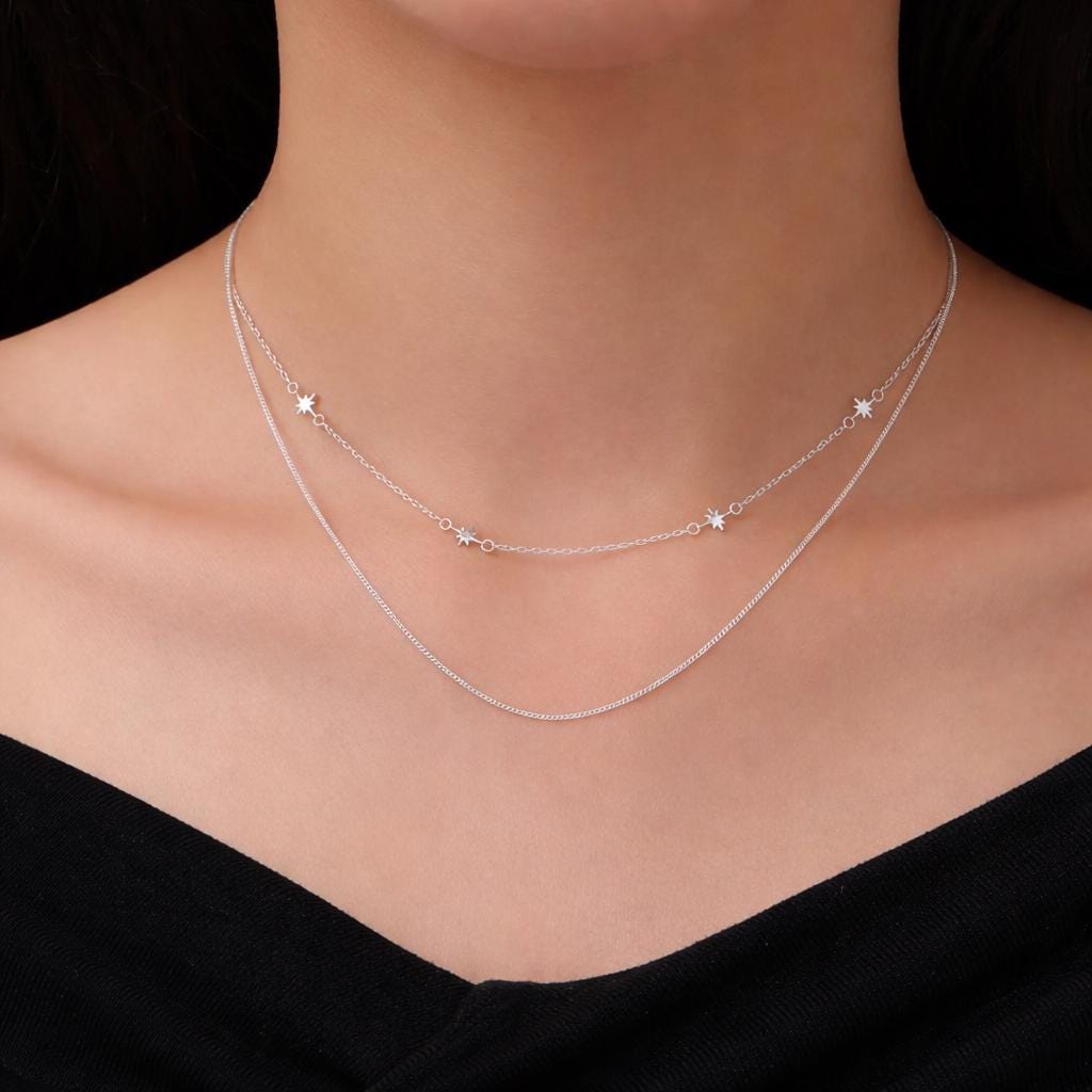 Double Layer Tiny Starburst Charm Necklace in Sterling Silver, Star Motif Two Layer Necklace, Adjustable Length, Extra Small Pendant
