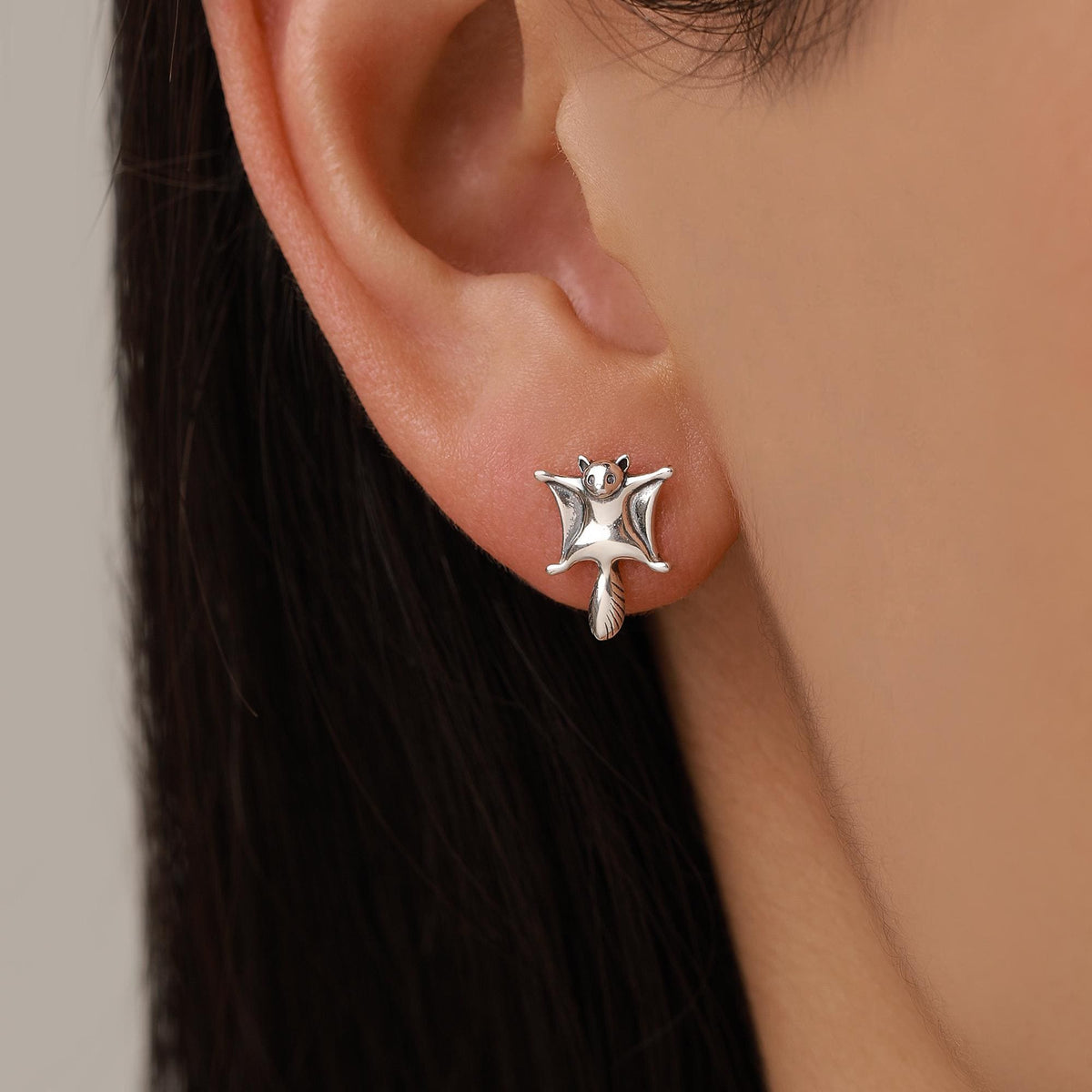 Sterling Silver Flying Squirrel Stud Earrings