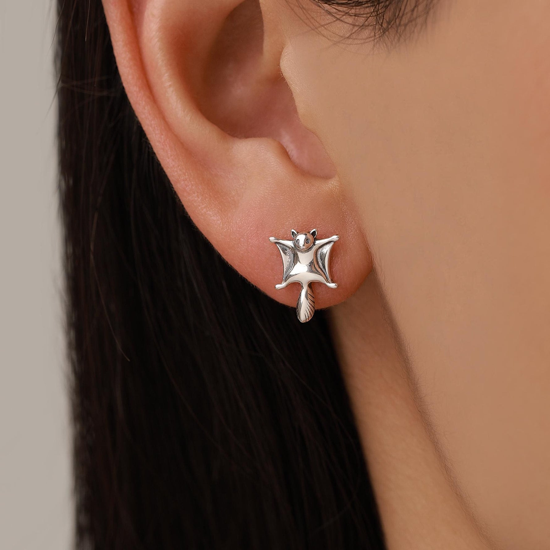 Sterling Silver Flying Squirrel Stud Earrings