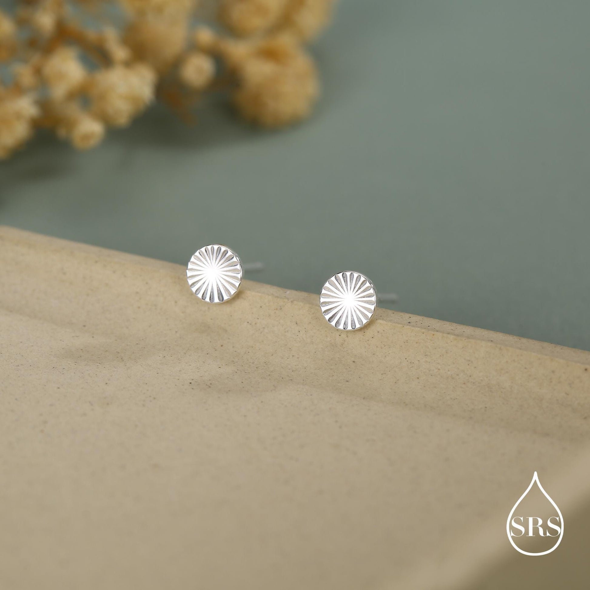 Sterling Silver Sunburst Disk Stud Earrings