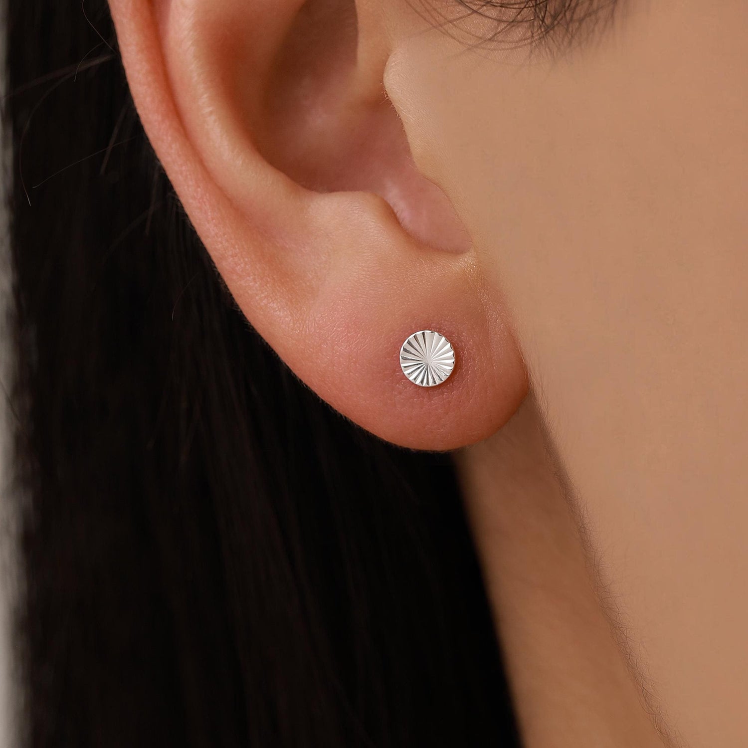 Sterling Silver Sunburst Disk 18G Screw Back Earrings