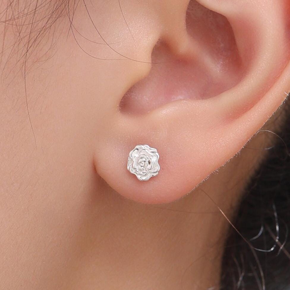 Sterling Silver Rose Earrings, Silver, Gold or Rose Gold, Rose Stud Earrings, Petite Flower Blossom Earrings, Nature Inspired
