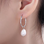 Pair of Plain Huggie Hoop Earrings in Sterling Silver with Detachable Baroque Pearl Charms, Two Sizes Available, Simple Hoop Earrings