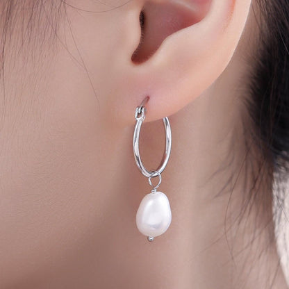 Pair of Plain Huggie Hoop Earrings in Sterling Silver with Detachable Baroque Pearl Charms, Two Sizes Available, Simple Hoop Earrings