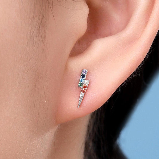 Rainbow Lightning Bolt Stud Earrings in Sterling Silver, Silver or Gold, Lightning Bolt Earrings