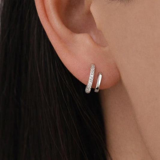 Single Piercing Double Hoop Effect Earrings in Sterling Silver, CZ Pave Hoop Earrings, Silver, Gold, Rose Gold, Dainty and Delicate