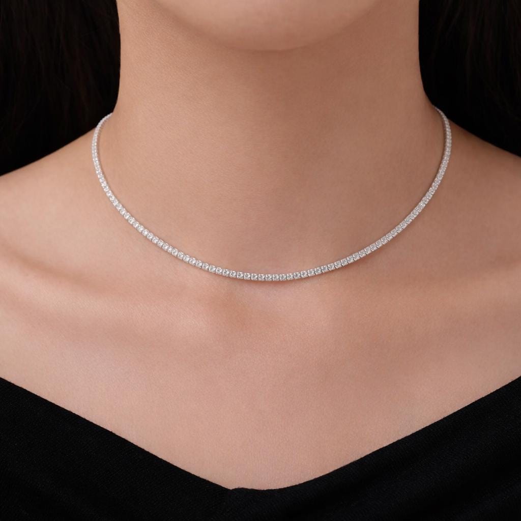 Sterling Silver 2mm CZ Tennis Necklace, Various Lengths, 35cm - 45cm, Silver Clear CZ Necklace, CZ Cluster Necklace, Minimalist Bracelet