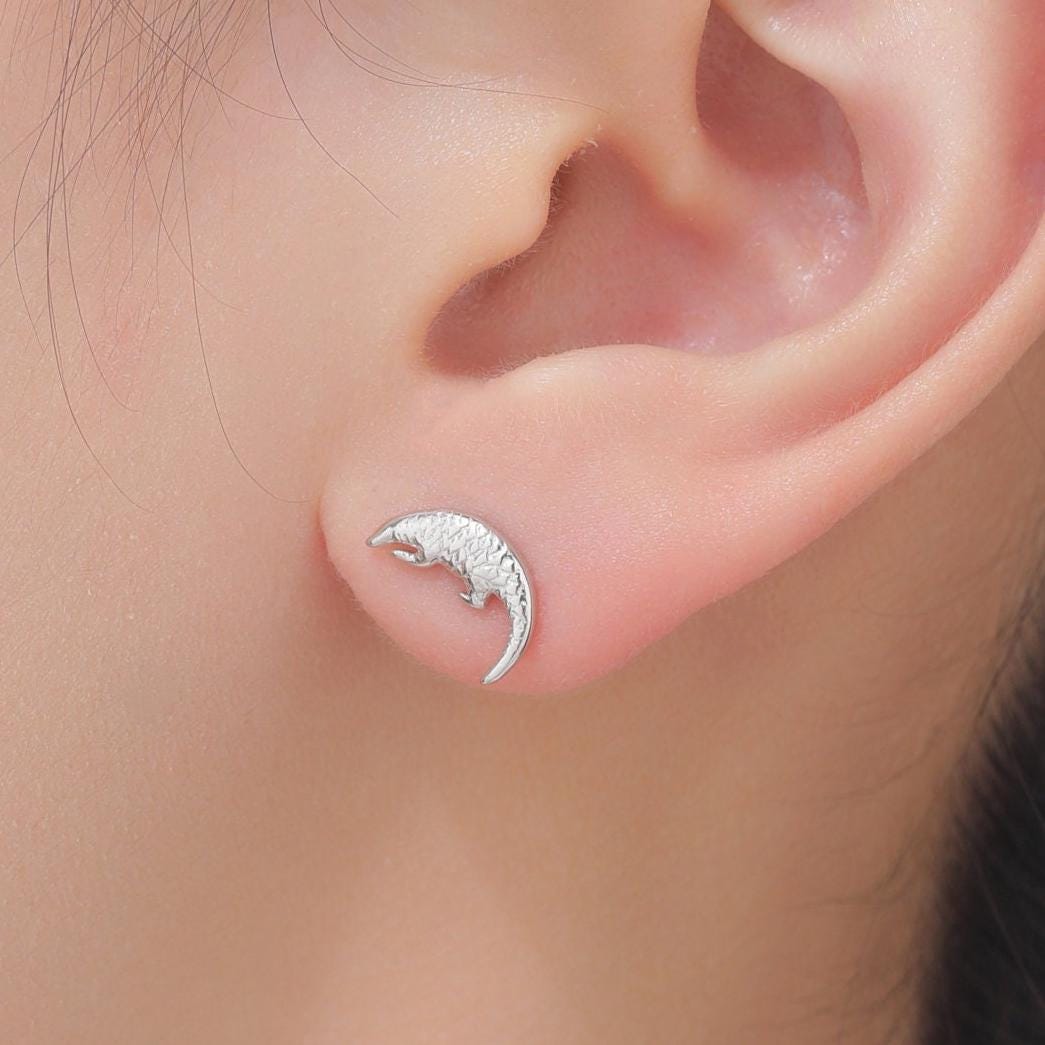 Pangolin Stud Earrings in Sterling Silver, Silver or Gold, Ant Eater Earrings, Nature Inspired Animal Earrings