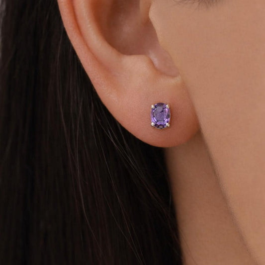 Amethyst Purple Oval CZ Stud Earrings in Sterling Silver, Available in Two Sizes, Oval Cut Crystal Earrings, February Birthstone
