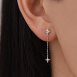 Starburst Dangle Chain Stud Earrings in Sterling Silver, Silver or Gold or Rose gold , Sterling Silver Star Earrings, North Star Earrings