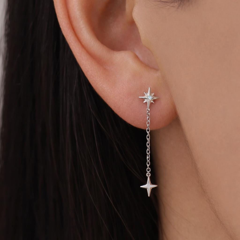 Starburst Dangle Chain Stud Earrings in Sterling Silver, Silver or Gold or Rose gold , Sterling Silver Star Earrings, North Star Earrings