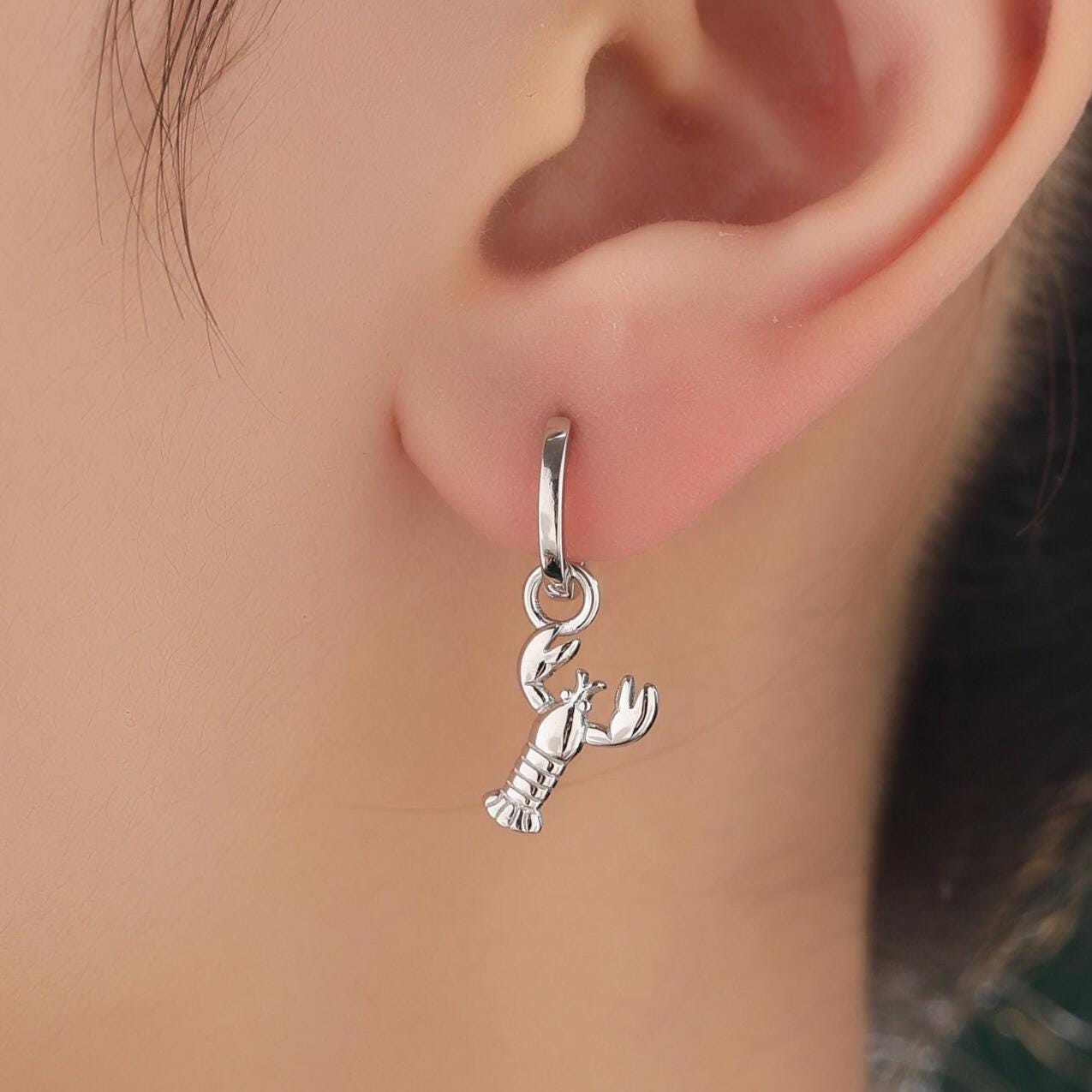 Lobster Huggie Hoop Earrings in Sterling Silver, Silver or Gold or Rose Gold, Tiny Lobster Earrings, Nautical Ocean Theme Earrings