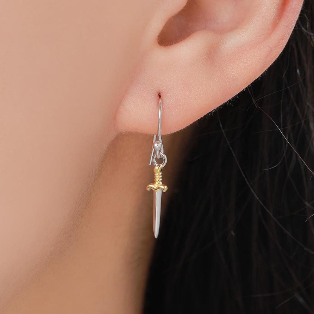 Little Dagger Sword Drop Hook Earrings in Sterling Silver - Sword Dangle Drop Earrings, Sword Earrings