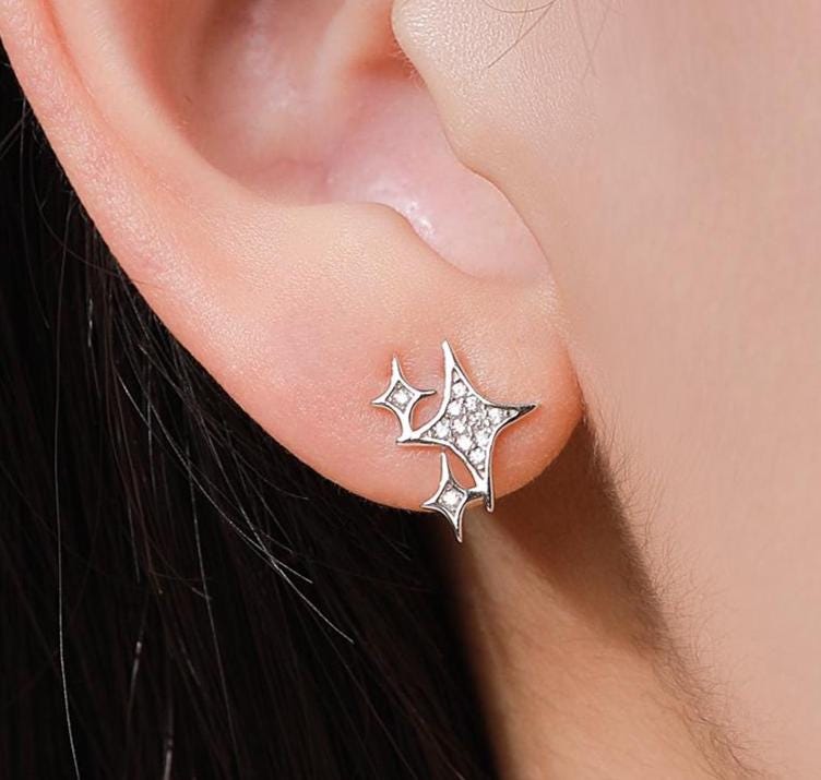 Sparkly Stars CZ Stud Earrings in Sterling Silver, Four Point Star Earrings, Silver or Gold, Three Star Earrings, Celestial Earrings