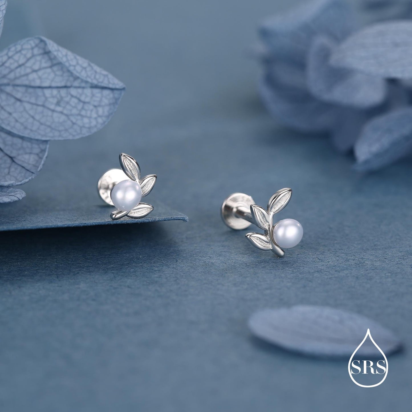 Sterling Silver Pearl Leaf 16G Flat Back Earrings Internally Threaded