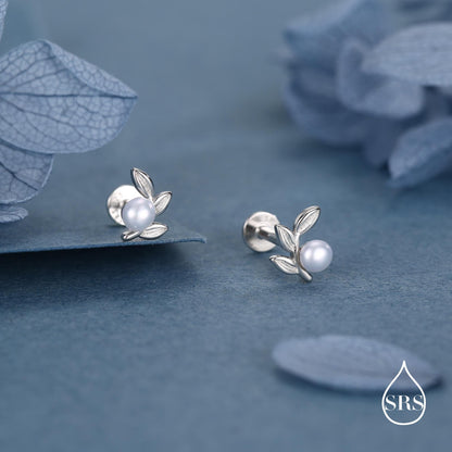 Sterling Silver Pearl Leaf 16G Flat Back Earrings Internally Threaded