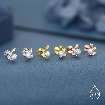 Sterling Silver Pearl Leaf 16G Flat Back Earrings Internally Threaded