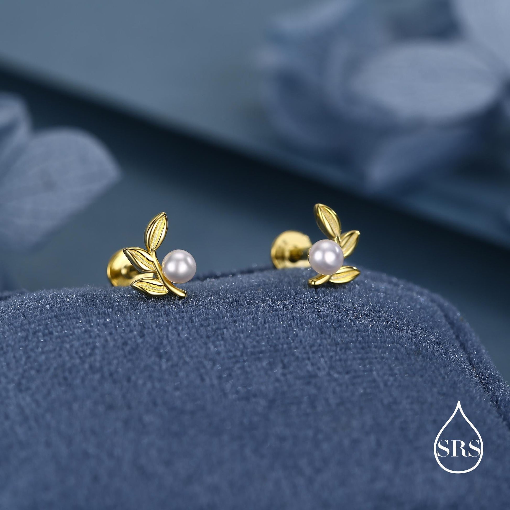 Sterling Silver Pearl Leaf 16G Flat Back Earrings Internally Threaded