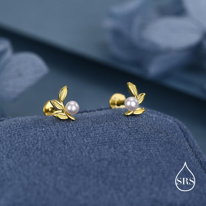 Sterling Silver Pearl Leaf 16G Flat Back Earrings Internally Threaded