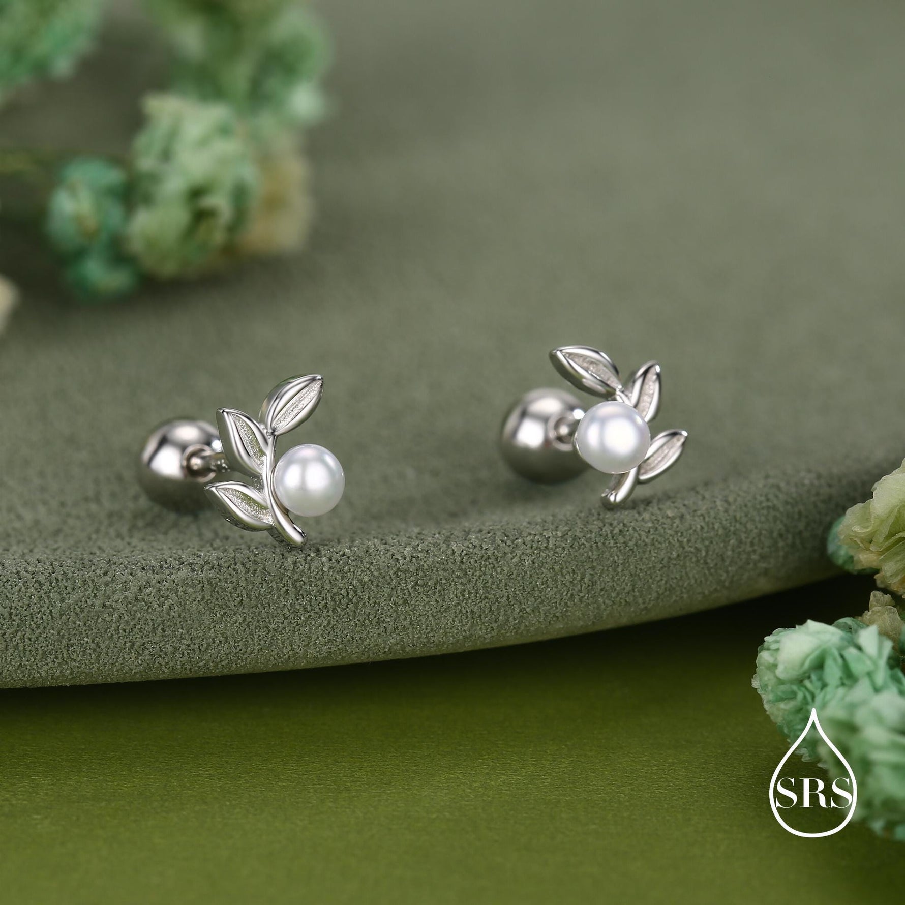 Sterling Silver Pearl Leaf Screw Back Earrings with Ball Backs