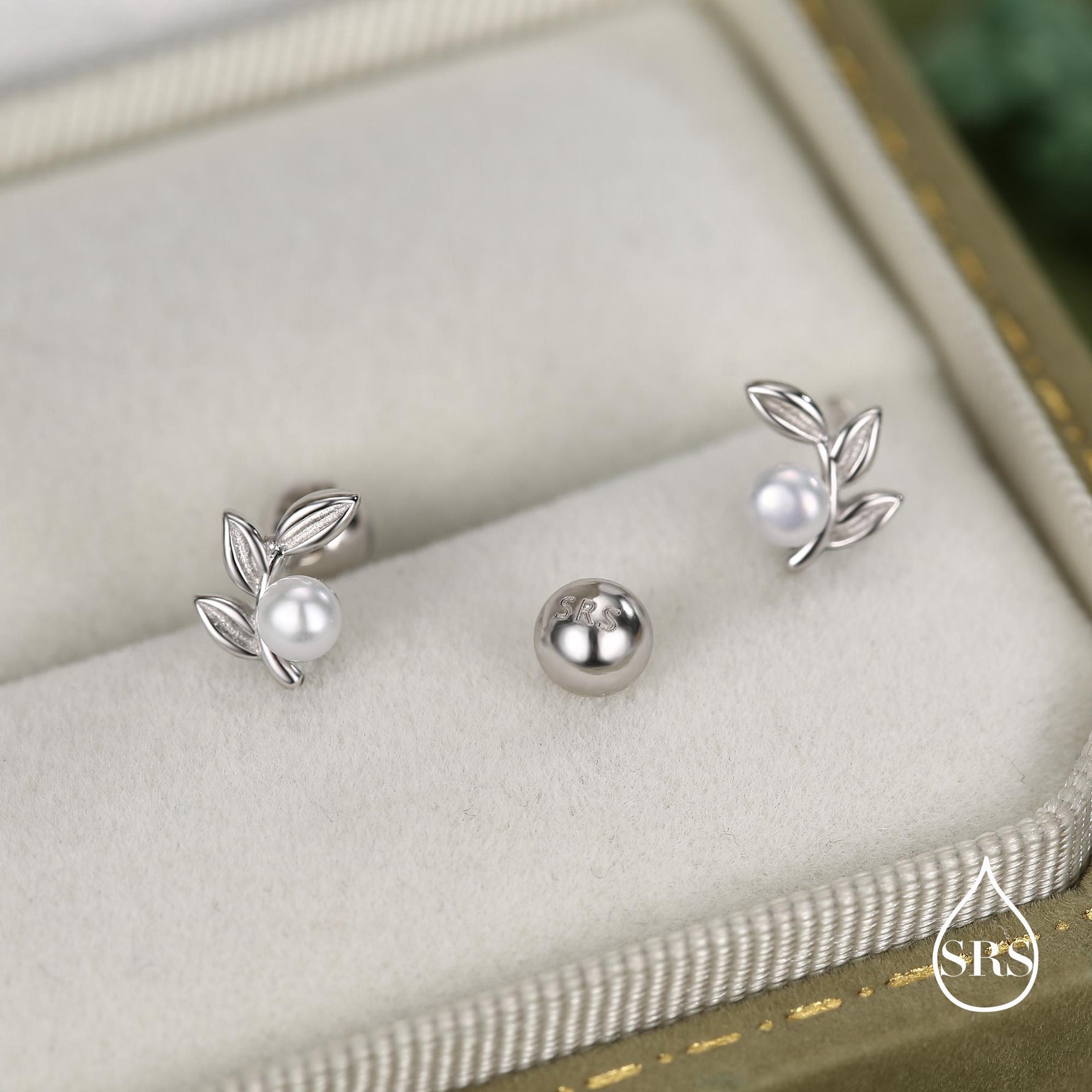 Sterling Silver Pearl Leaf Screw Back Earrings with Ball Backs