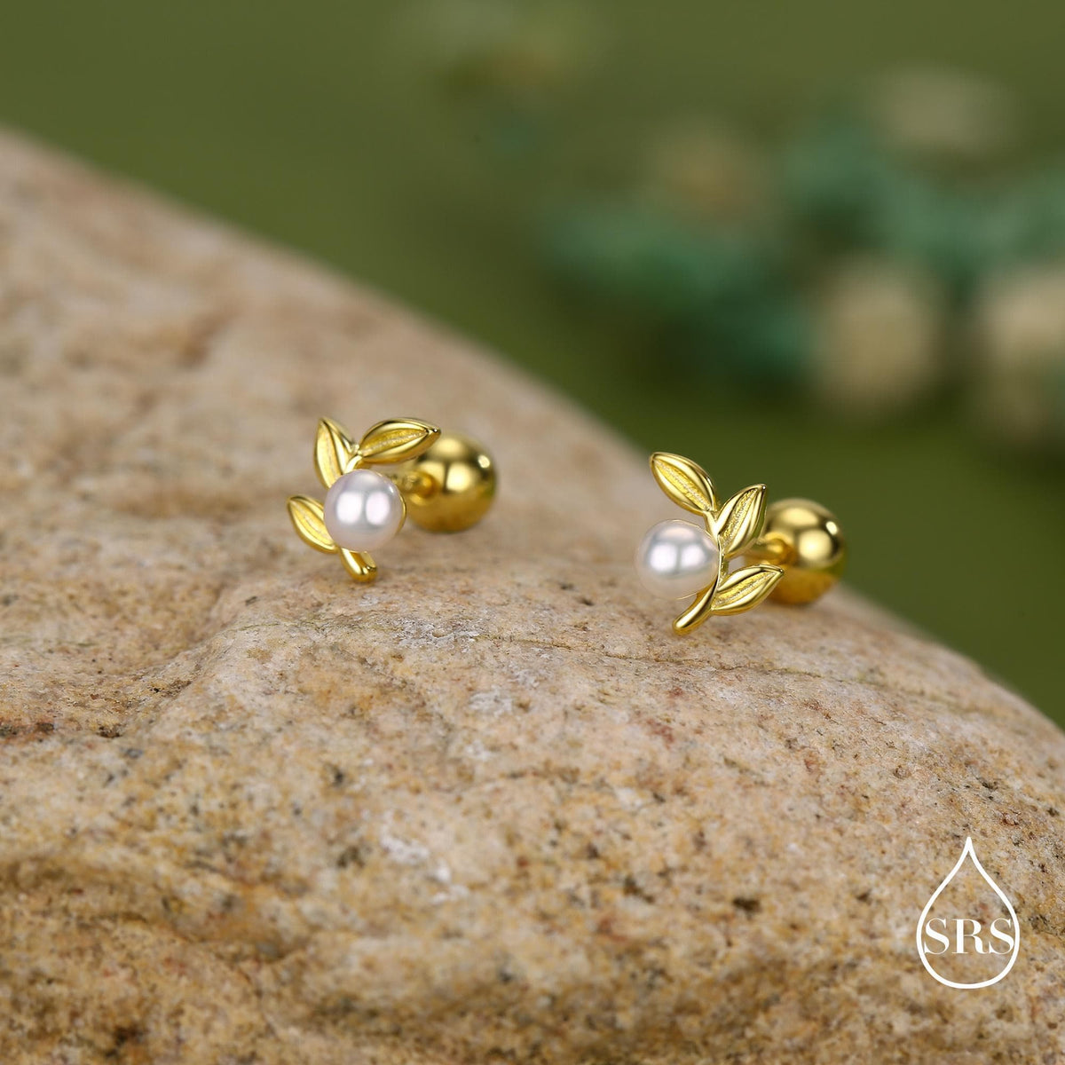 Sterling Silver Pearl Leaf Screw Back Earrings with Ball Backs