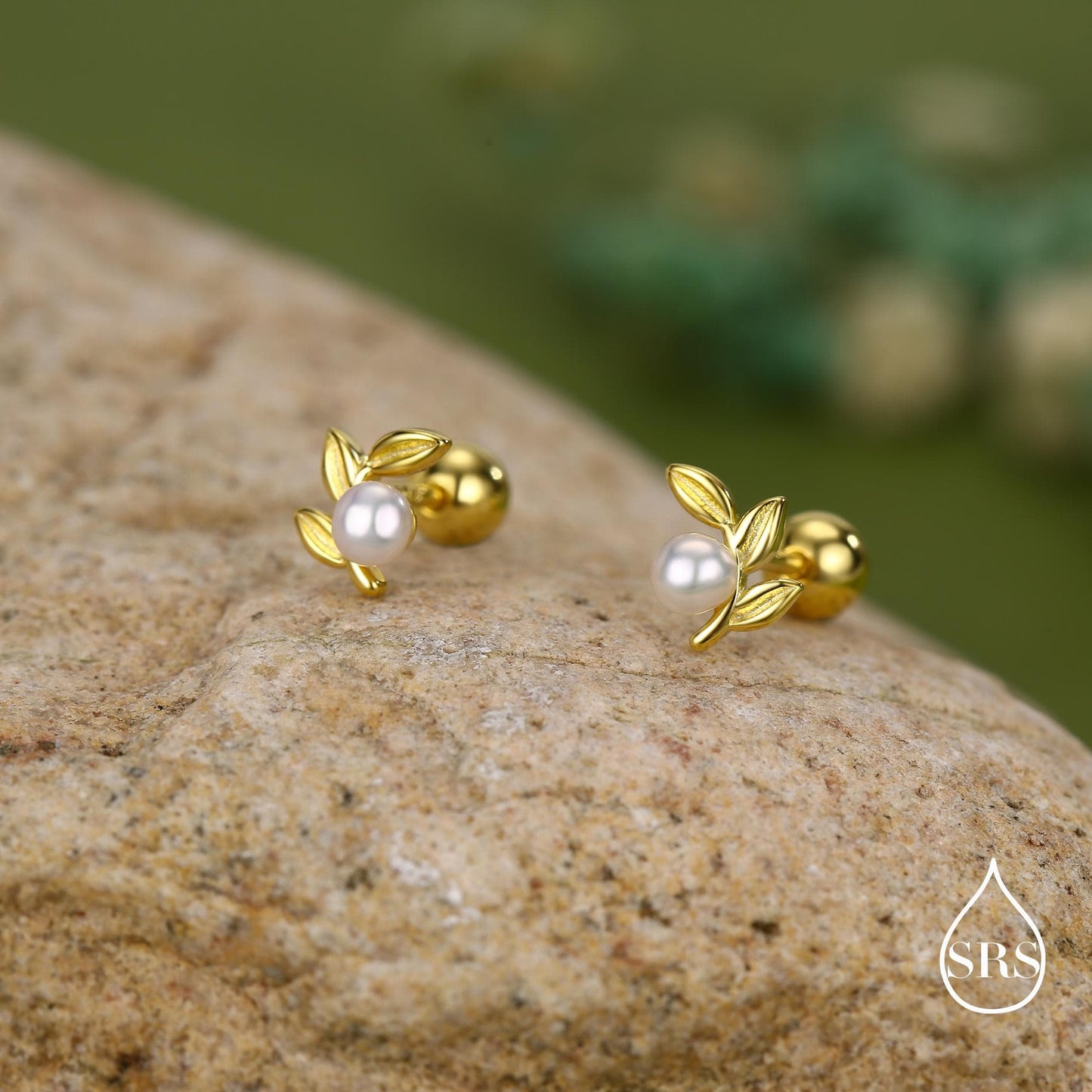 Sterling Silver Pearl Leaf Screw Back Earrings with Ball Backs