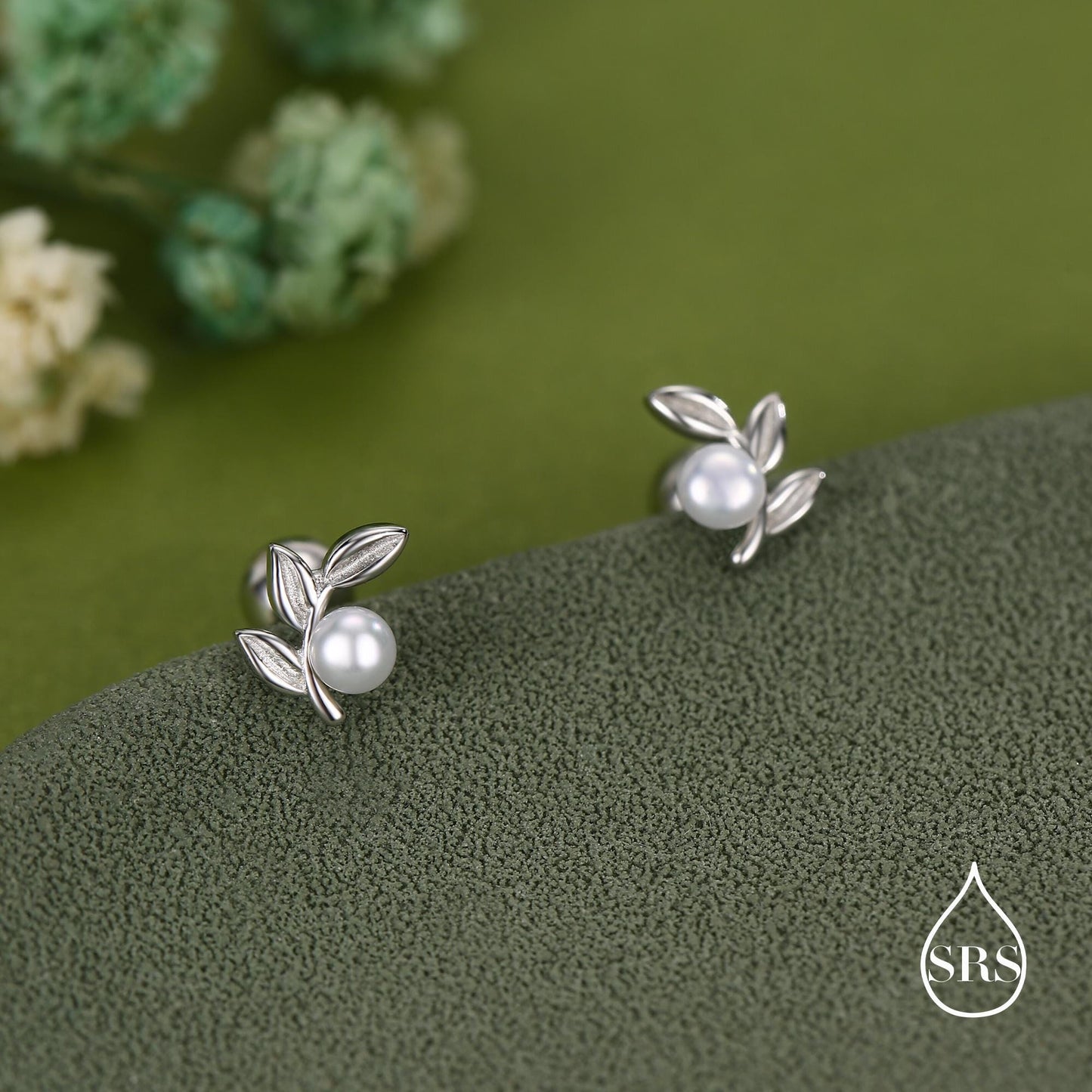 Sterling Silver Pearl Leaf Screw Back Earrings with Ball Backs