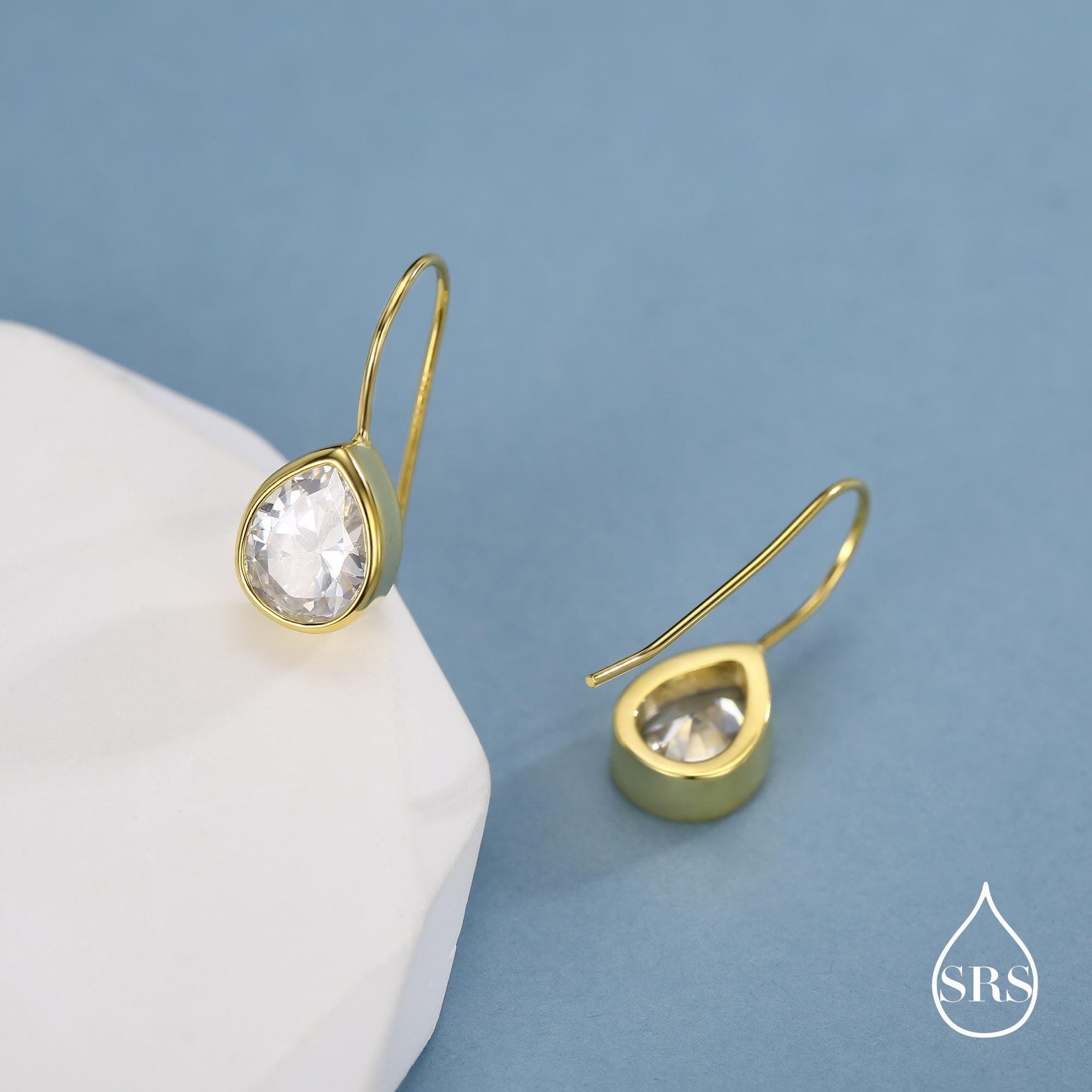Sterling Silver CZ Droplet Drop Earrings in Sterling Silver, Silver or Gold, Chunky Pear Shape Hook Earrings