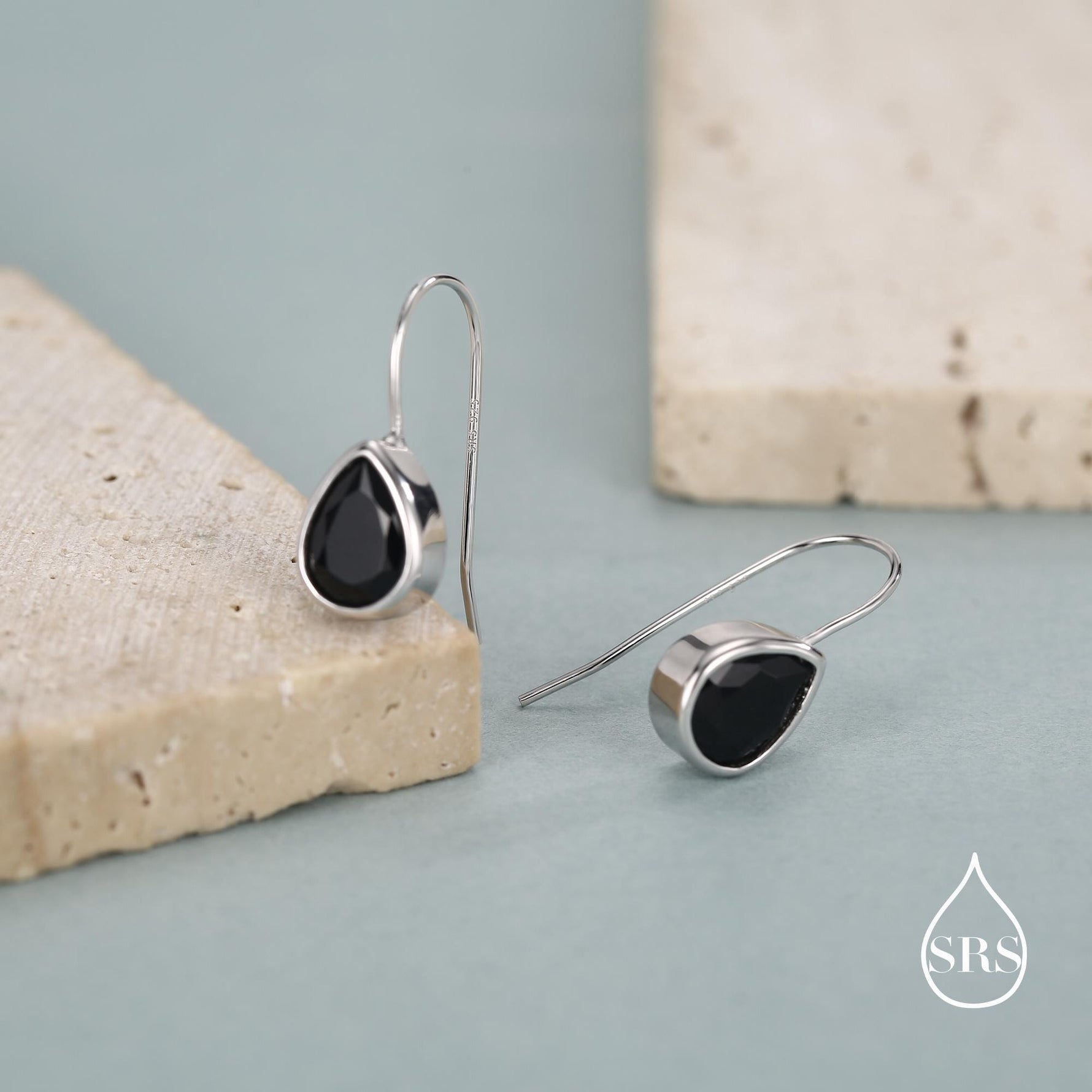 Sterling Silver Onyx Black CZ Droplet Drop Earrings in Sterling Silver, Silver or Gold, Chunky Pear Shape Hook Earrings