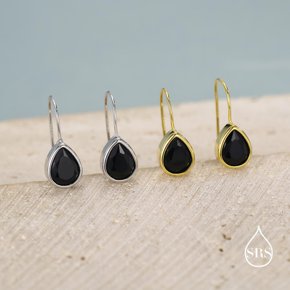 Sterling Silver Onyx Black CZ Droplet Drop Earrings in Sterling Silver, Silver or Gold, Chunky Pear Shape Hook Earrings